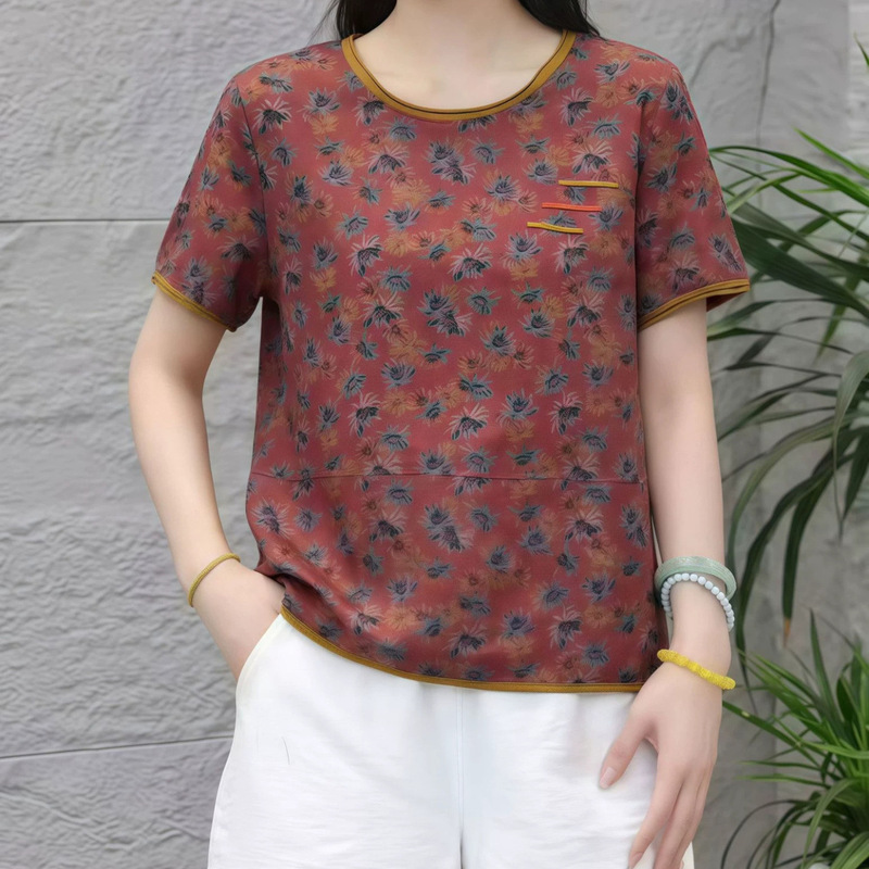 Casual Loose-Fitting Printed Short-Sleeved Pure Cotton Mother's T-Shirt Summer New Style Round Neck Contrasting Color Women's Tops for Middle-Aged and Elderly Women