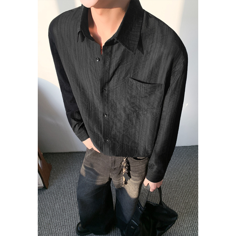Hong Kong-style Retro Textured Thin Shirt, 2026 Spring New Model, Large Size, Solid Color, Collared, Long-sleeved,_voghion.com