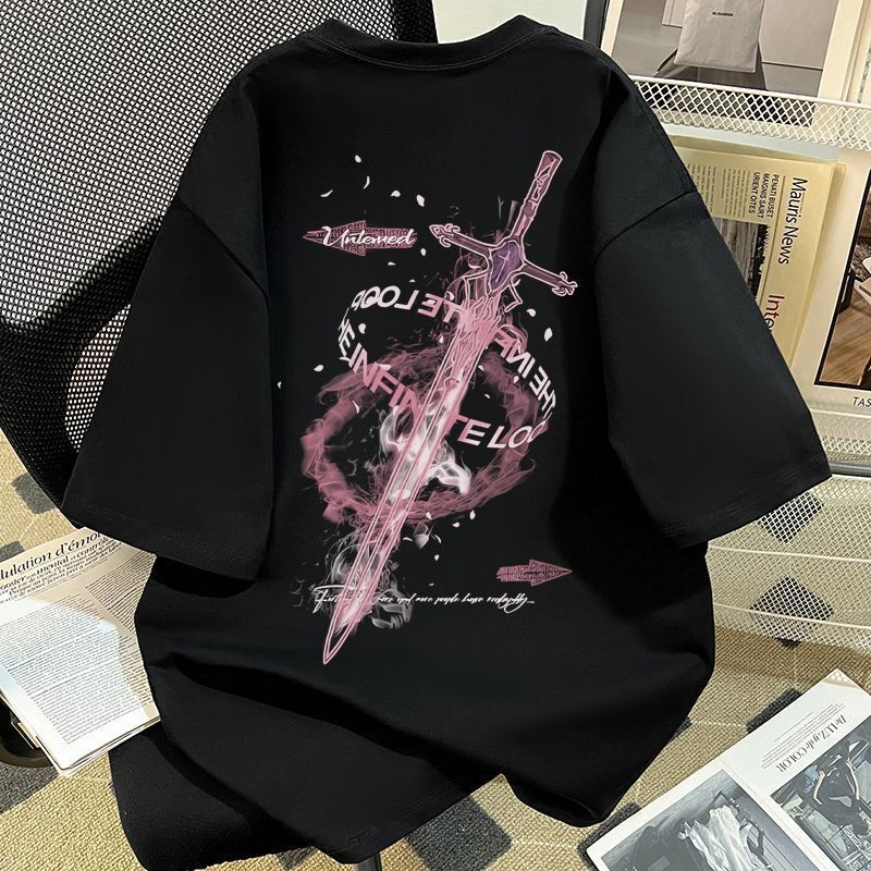 Konzen High Street Smoke Cross Sword Floral Letter Print Loose Round Neck Short-Sleeved T-Shirt Heavyweight Pure Cotton T-Shirt