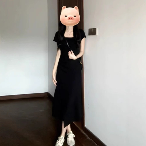 Women's Summer 2025 New Gray Fitted Small Waist Collar Plication Dress, French A-Line Long Skirt