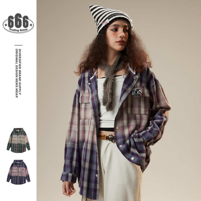 STIWAUP National Fashion Designer Niche Fashion Brand Flannel Plaid Hooded Top Men's and Women's Long Sleeve Shirt C354