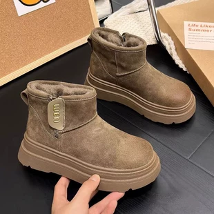 Fleece winter platform boots, warm ankle boots, side zipper, deep khaki/camel, sizes 35–40
