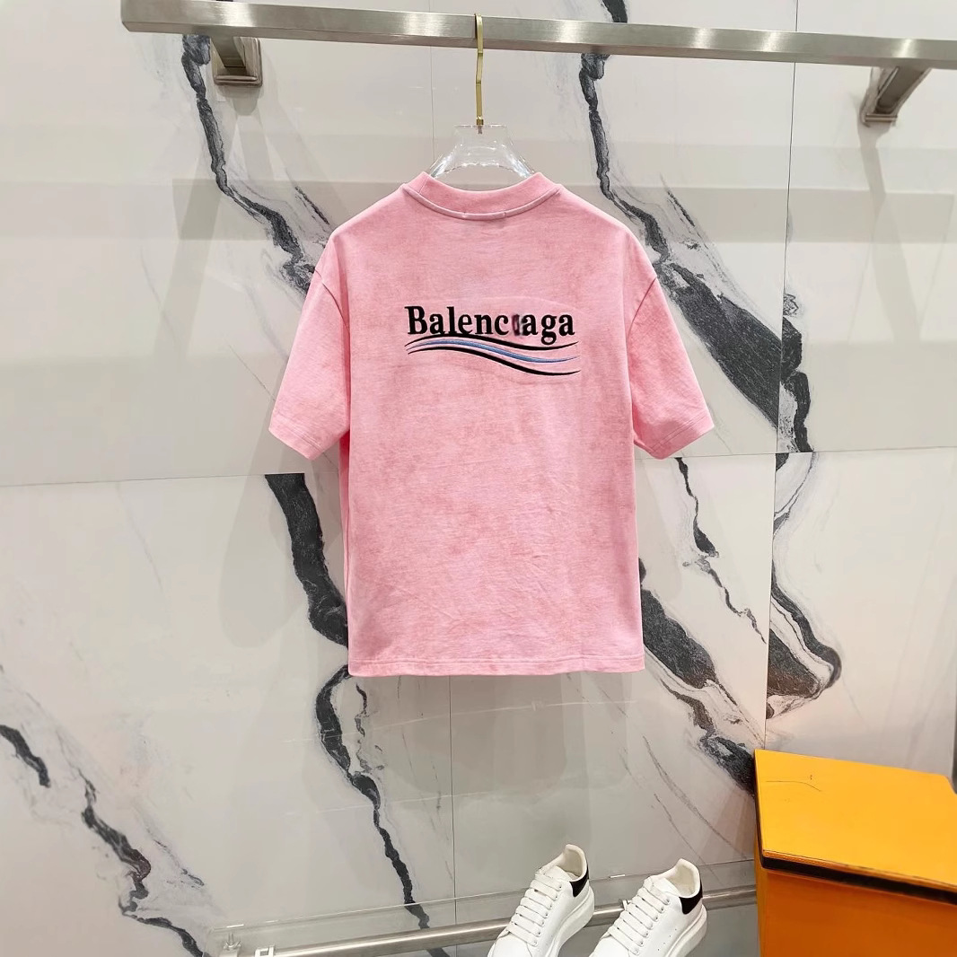 Paris B 2025 Spring and Summer New Front and Rear Wave Coke Letter Embroidered Crewneck Short-sleeved T-shirt for Men and Women