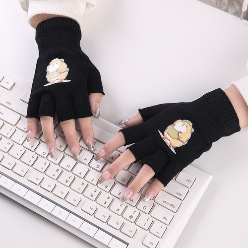 Cartoon Half-Finger Gloves with Heel Straps, Suitable for Men and Women, Autumn and Winter Knitted Woolen Gloves, Finger-Revealing Design, Ideal for Writing, Office Use, and Warming