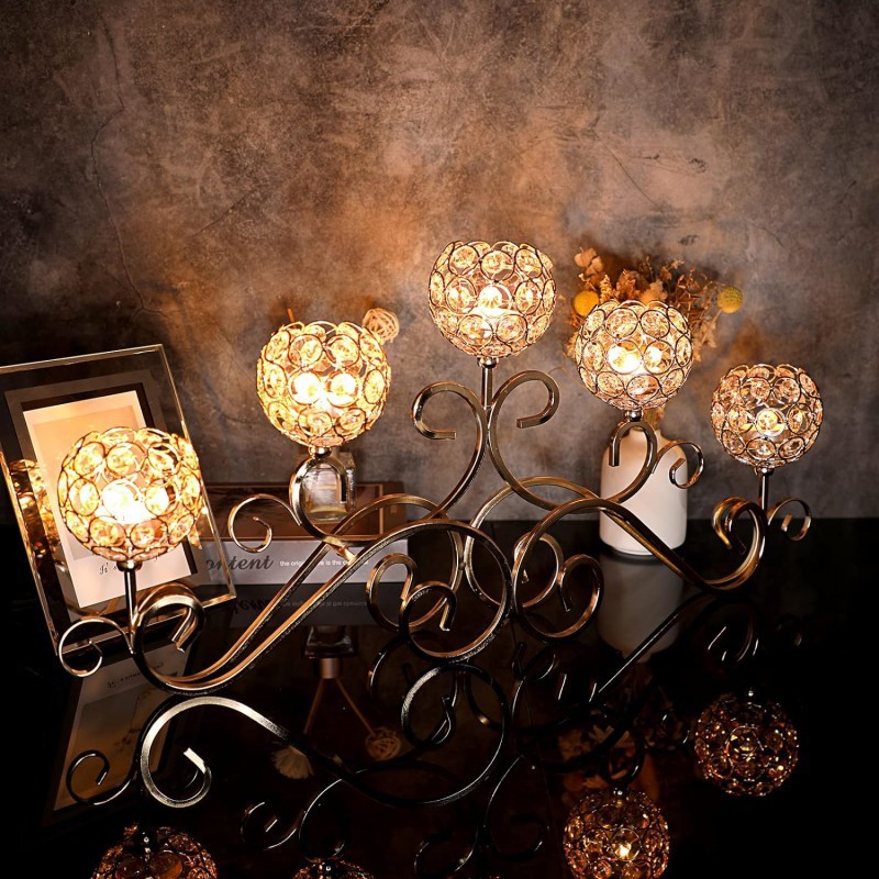 Candelaria de cristal transfronteriza de cinco cabezas creativa europea de hierro forjado romántica cena de velas decorativa de candelabros