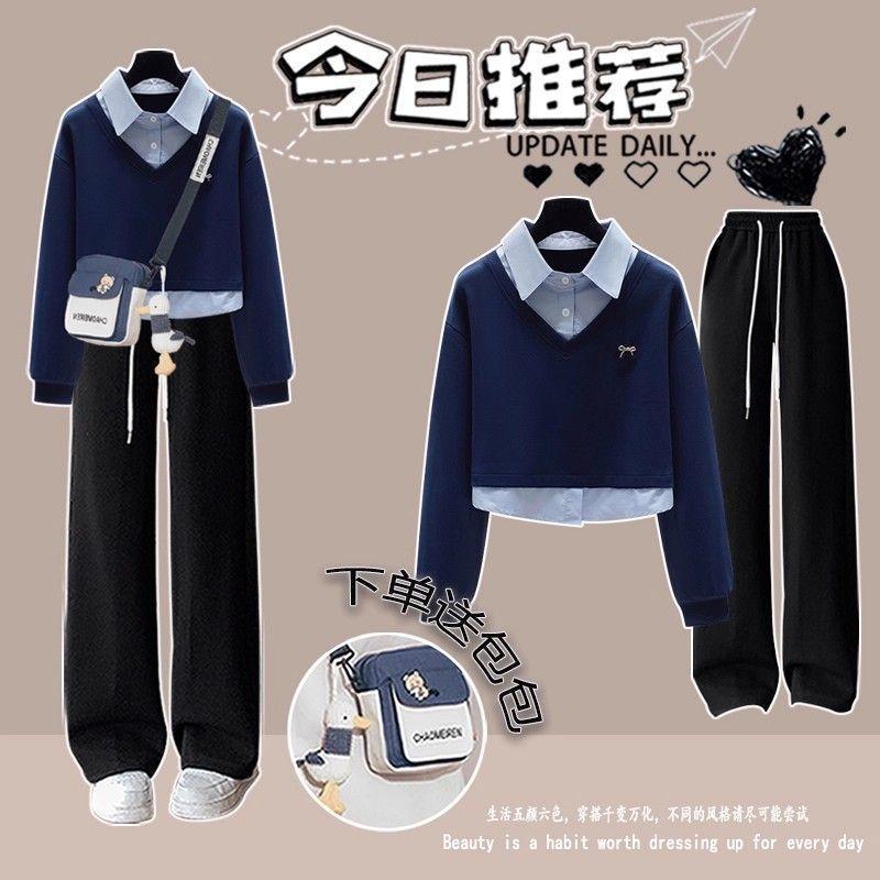 初高中学生假两件卫衣女春秋2025新款学院风少女POLO领套头上衣服|undefined