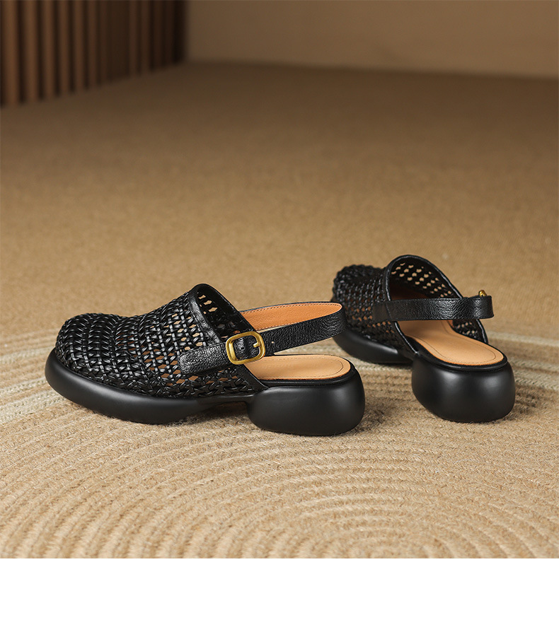 Sandal cao gót nữ đế dày gót vuông mũi hở phong cách La Mã — đen chi tiết 18
