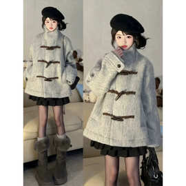 韩系慵懒风牛角扣立领双面呢子大衣小个子短款毛呢外套春冬高级感