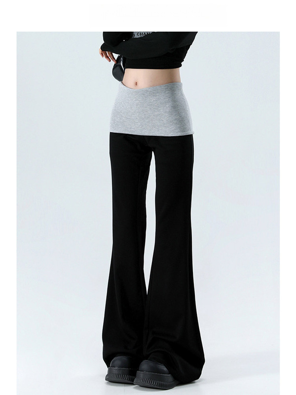 Forever 21 Black Patchwork Fleece-Lined Flared Pants for Women, Thickened Design, Slim Fit, Floor-Length Casual Pants Forever 21 Black Patchwork Fleece-Lined Flared Pants for Women, Thickened Design, Slim Fit, Floor-Length Casual Pants