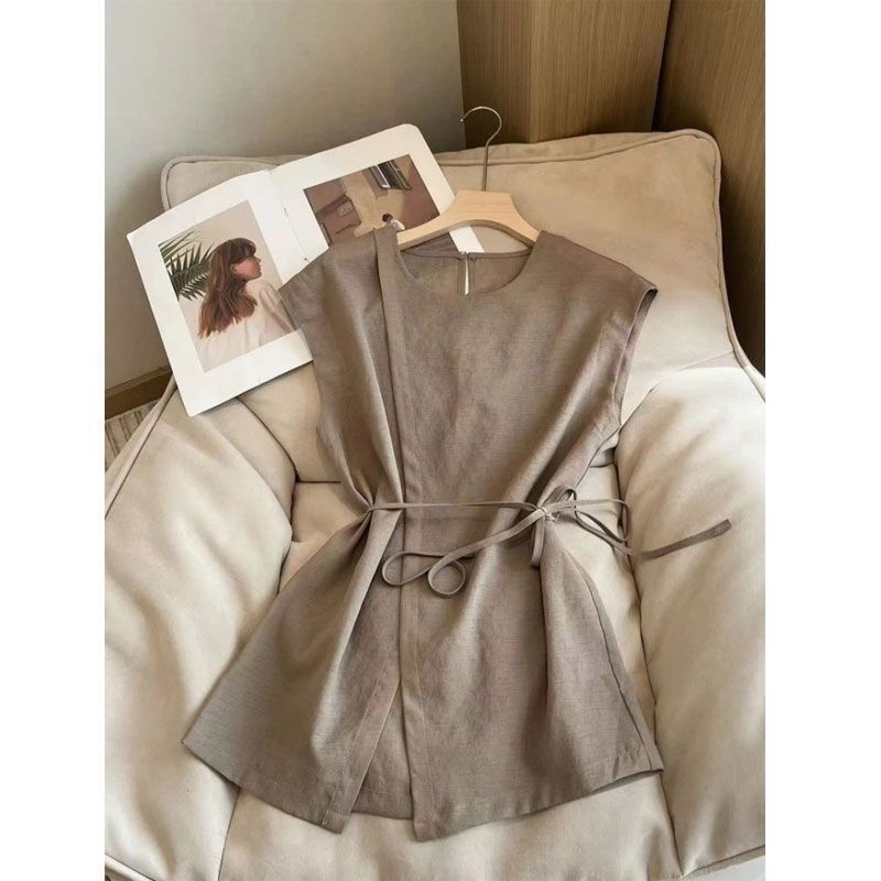 Korean-Style Design, Solid Color, Front Slit, Tie-Waist Shirt for Women, Summer Style, Slimming, Sleeveless Top, Trendy