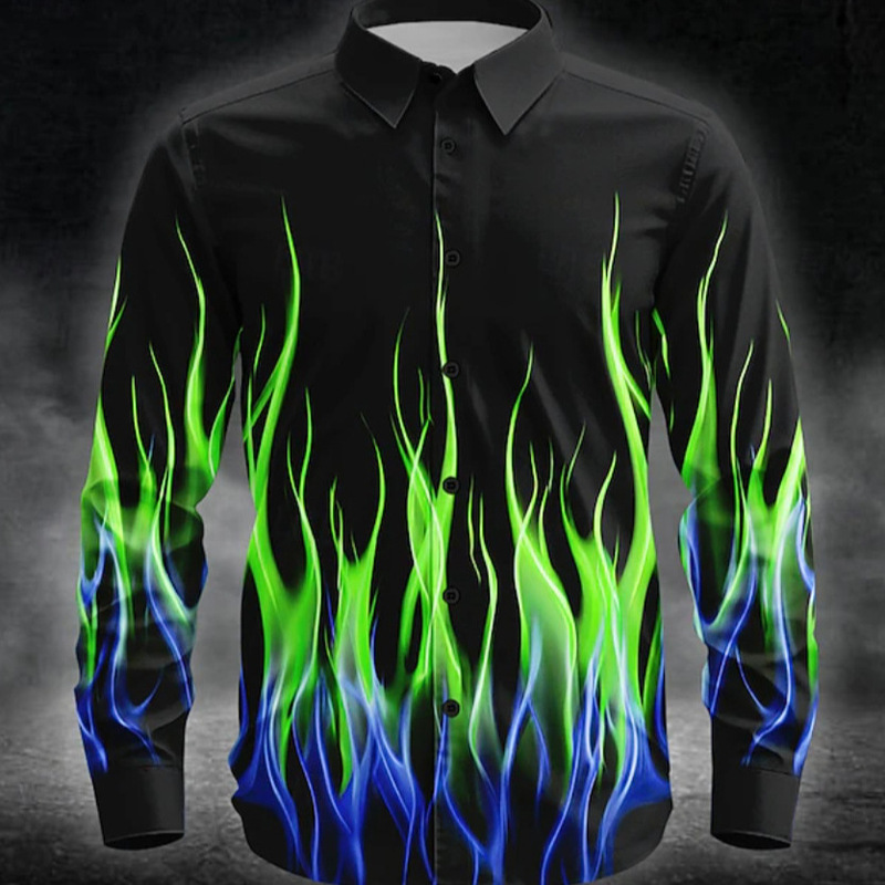 Four-Way Stretch Flame Print Men's Shirt Cross-Border New Aliexpress Autumn Casual Breathable Long-Sleeved Shirt Men's Trend