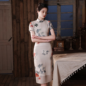 Floral Chinese Dress retro cheongsam dress for women girls cheongsam young paragraph temperament of the republic of China Chinese wind restoring ancient ways