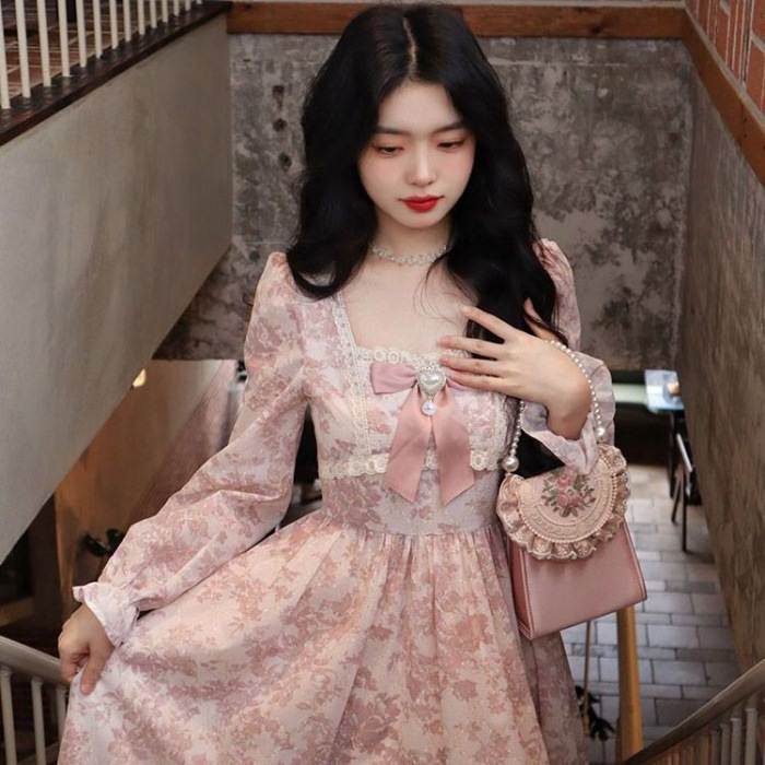 法式甜美碎花长袖连衣裙女秋季高级感气质长裙收腰温柔风仙女裙子|undefined