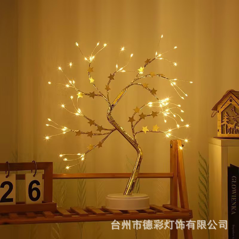 Amazon transfronterizo llevó la luz del árbol USB batería de doble propósito horizontal decorativo luz de la noche estrellada alambre de cobre luz del árbol en stock
