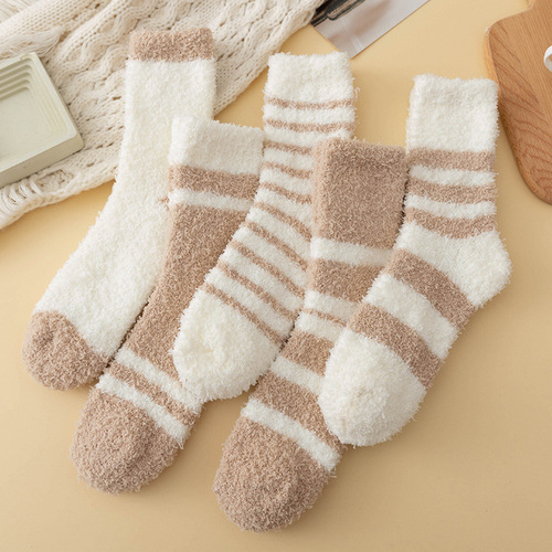 Autumn and winter coral velvet sleep socks thickened warm mid-tube home confinement socks striped floor socks women's socks wholesale