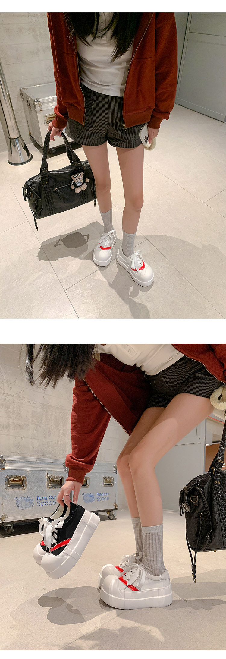 Giày sneaker nữ chunky đế dày tăng chiều cao, phối màu cổ điển — màu đen, màu trắng chi tiết 20