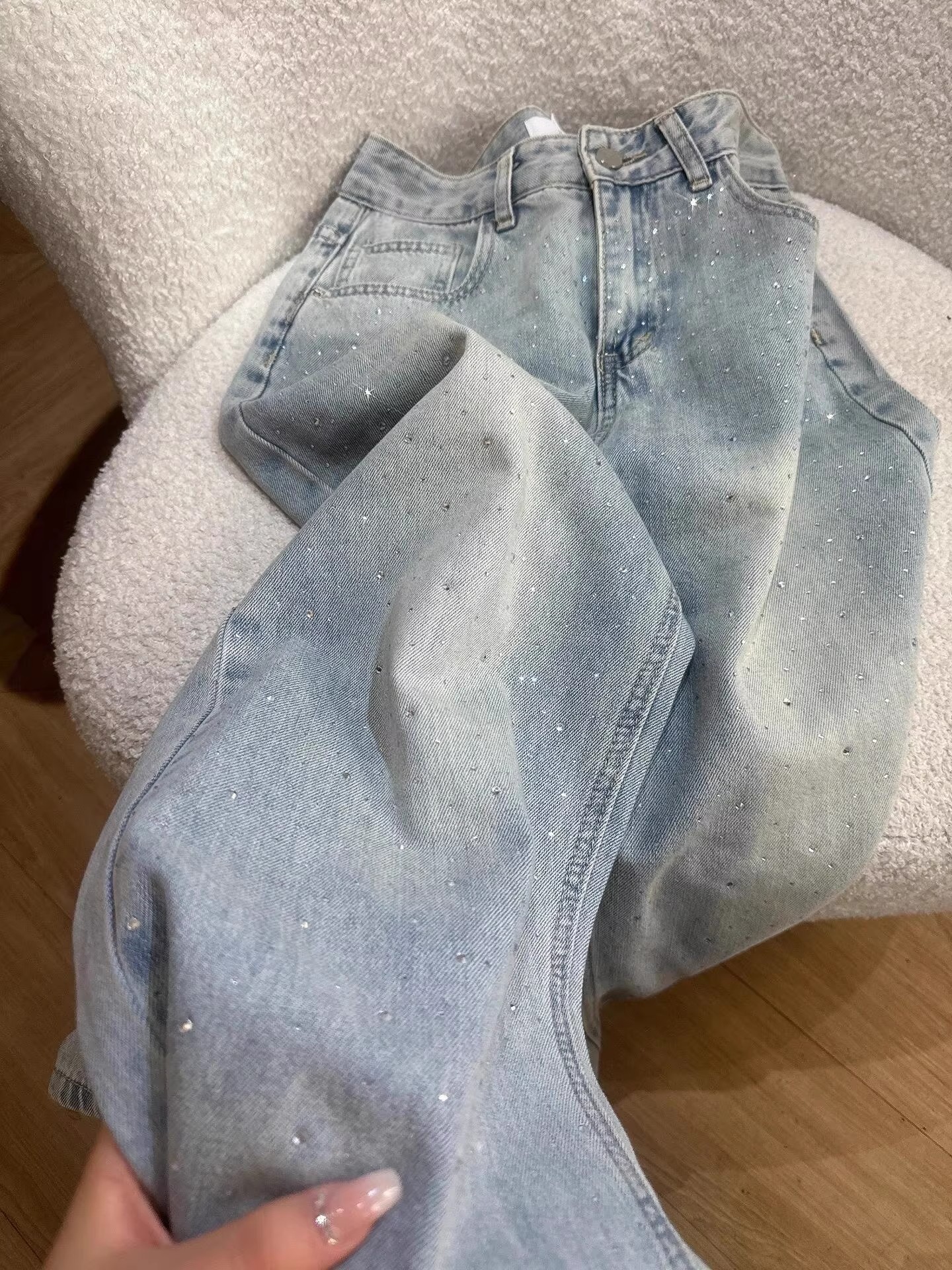 Women's Rhinestone Jeans Straight Leg Flared Pants For Winter_voghion.com