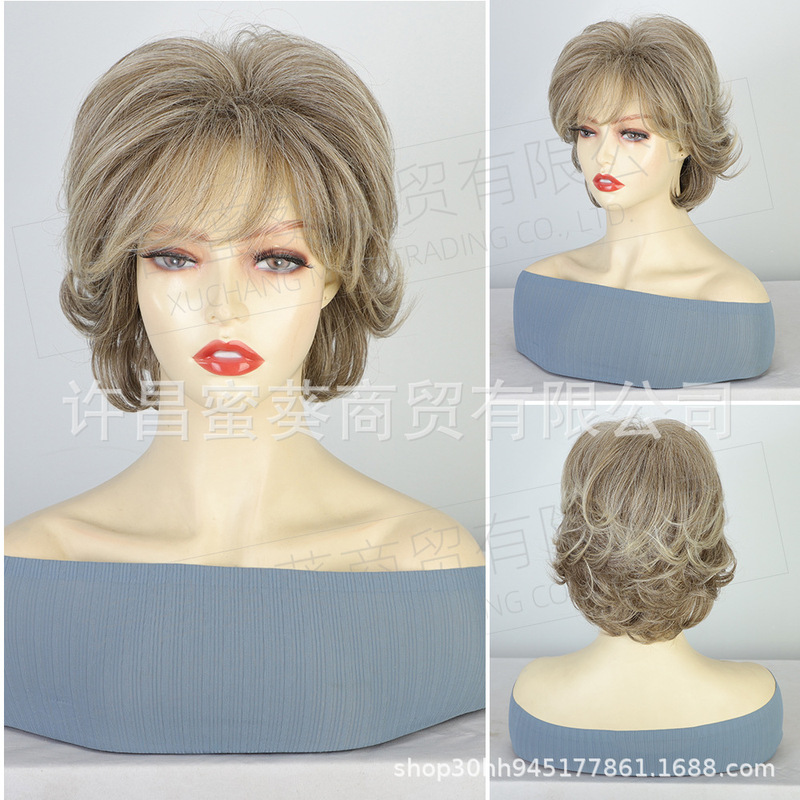 European and American style short white wig for women, grayish gold pixie cut with layered texture, natural-looking synthetic wig