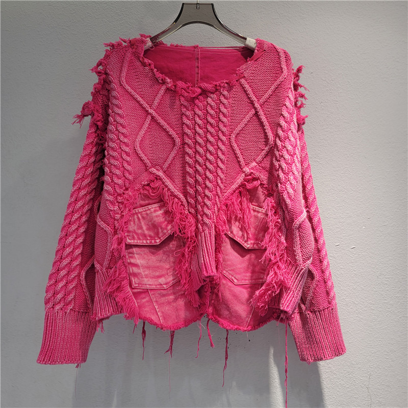 Moda cool estilo estilo extranjero tejido de costura jeans cuello redondo manga larga suéter corto para mujeres otoño / invierno 2025 image 8