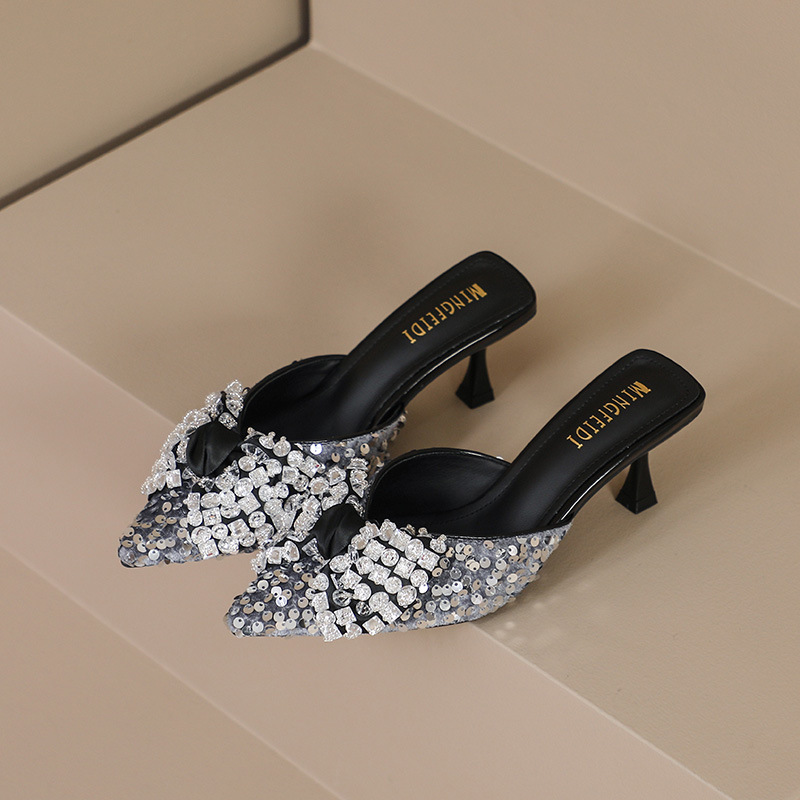 Arco de diamante con cabeza media zapatillas para mujeres 2026 nuevo estilo de verano con punta punta de talón alto temperamento zapatillas frías image 1