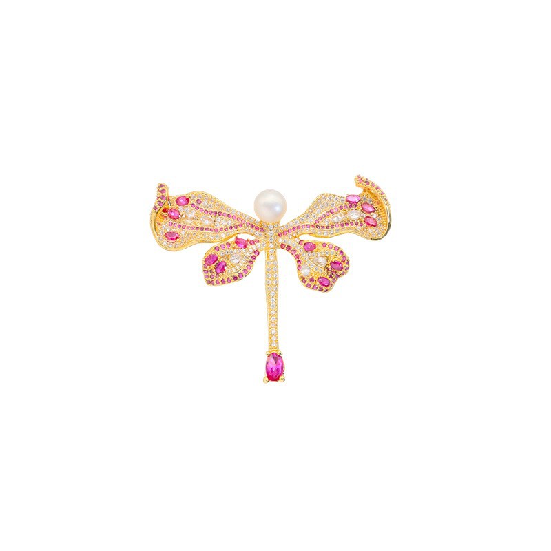 Perla natural broche libélula completa incrustaciones de diamante corindón rojo ZIRCON pin ramillete 18K oro real galvanoplastia color protección femenina