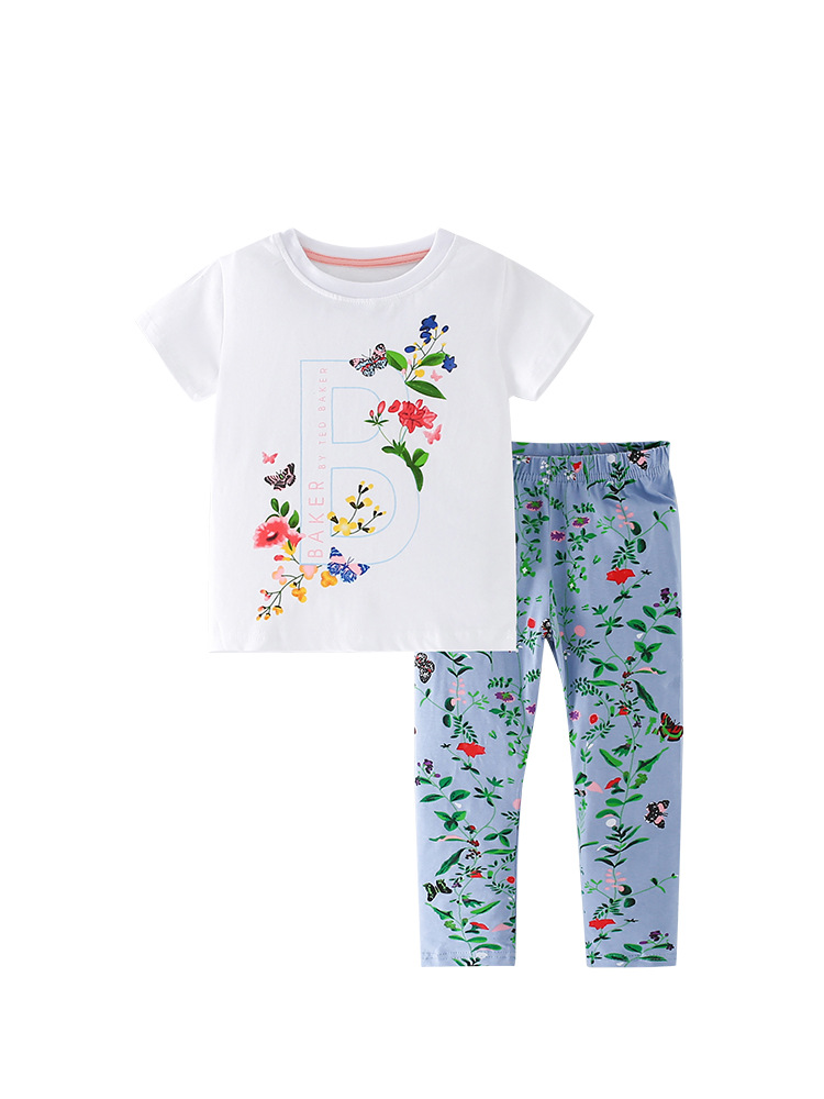 Malwee niñas dos piezas de verano ropa infantil europea y americana cuello redondo mangas cortas pantalones de cintura elástica impresión de aire extranjero conjunto infantil