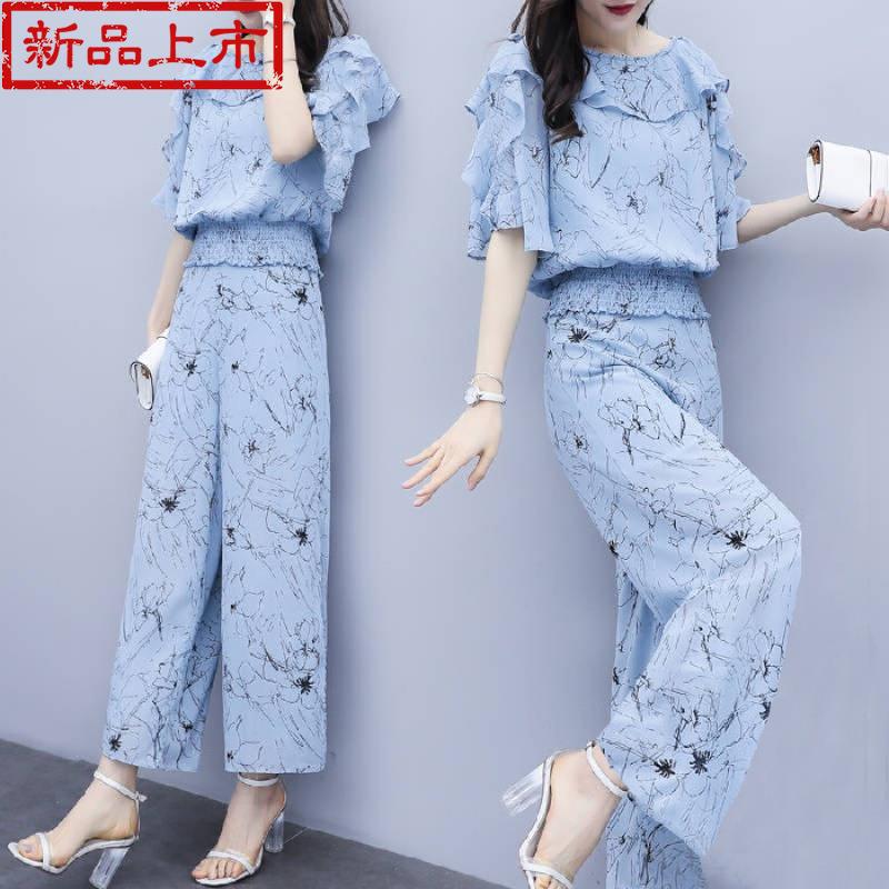 新款套装女2021新款女装夏季两件套裤碎花上衣阔腿裤休闲时尚套装
