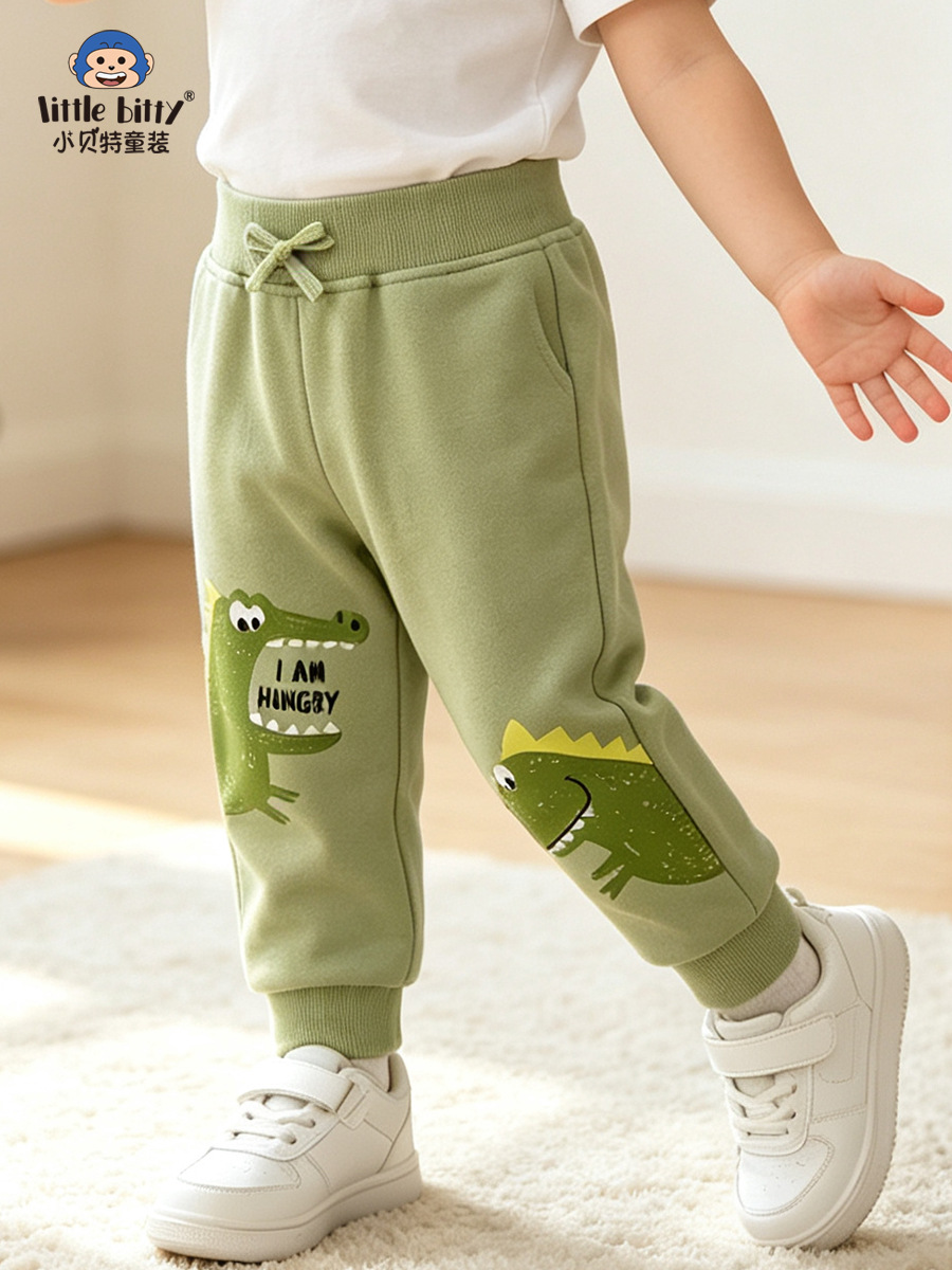 Boys' green dinosaur print jogger pants for autumn and winter, 2026 sports trousers, casual pants for young children, in stock