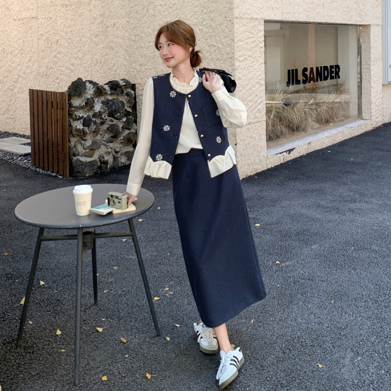 实拍洋气小香风套装裙女秋季2025新款刺绣马甲衬衣半身长裙三件套|undefined