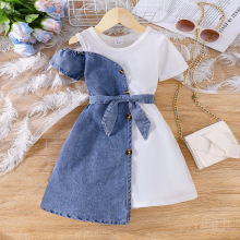 跨境2025夏季欧美风拼接牛仔短袖不规则连衣裙+腰带两件套童装