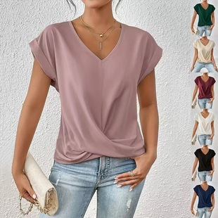 2025 Amazon cross-border explosions solid color V-neck T-shirt elegant short sleeve jacket spring and summer women's clothing Amazon cross-border