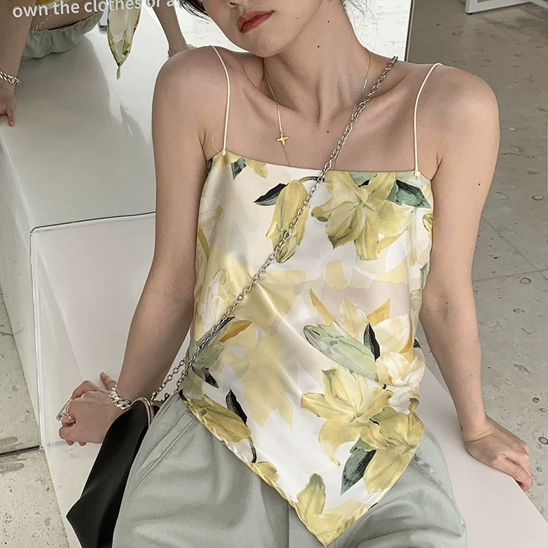 Горячая девушка ветер принт нерегулярный тряпка с шифоновый жилет женский 2025 новый летний топ без рукавов