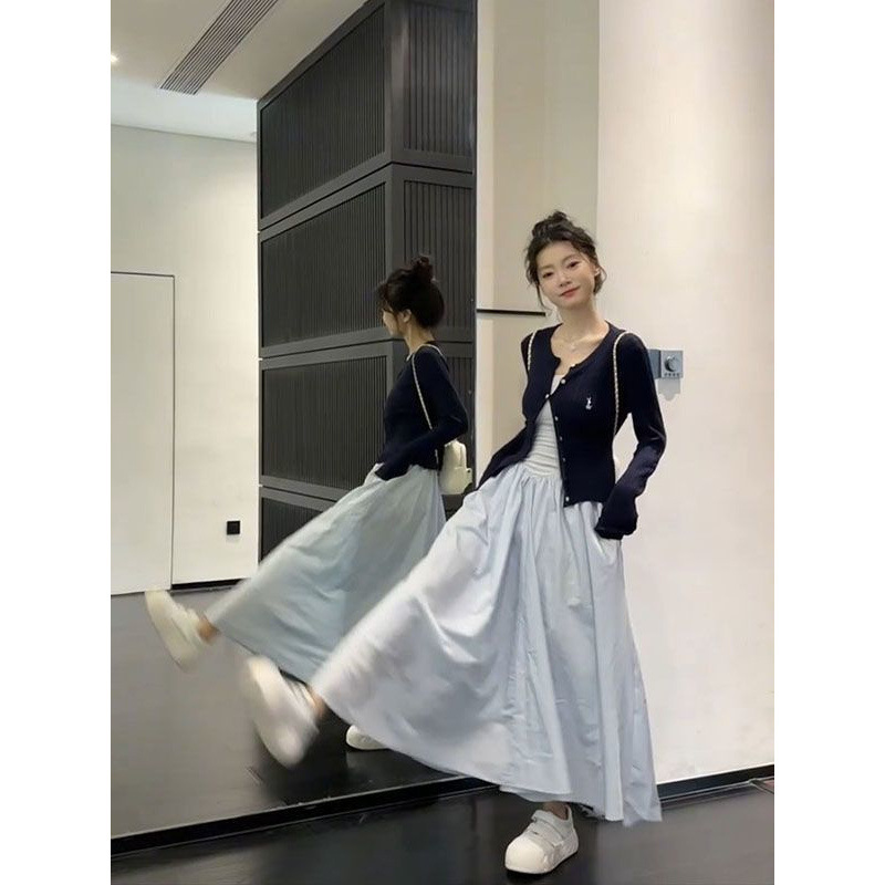 早春两件套装慵懒学院风藏青色麻花针织开衫女搭配浅蓝色连衣裙潮|undefined