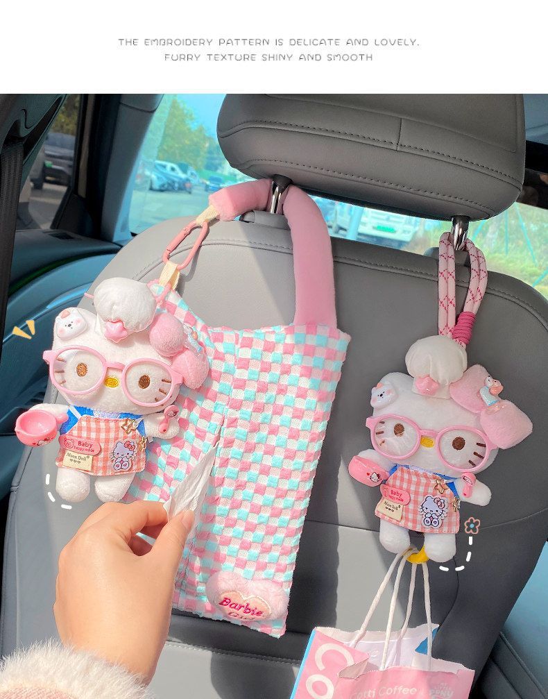 Car tissue box hook 2-in-1 cute cartoon cat storage hanging bag car seat back decoration tissue bag