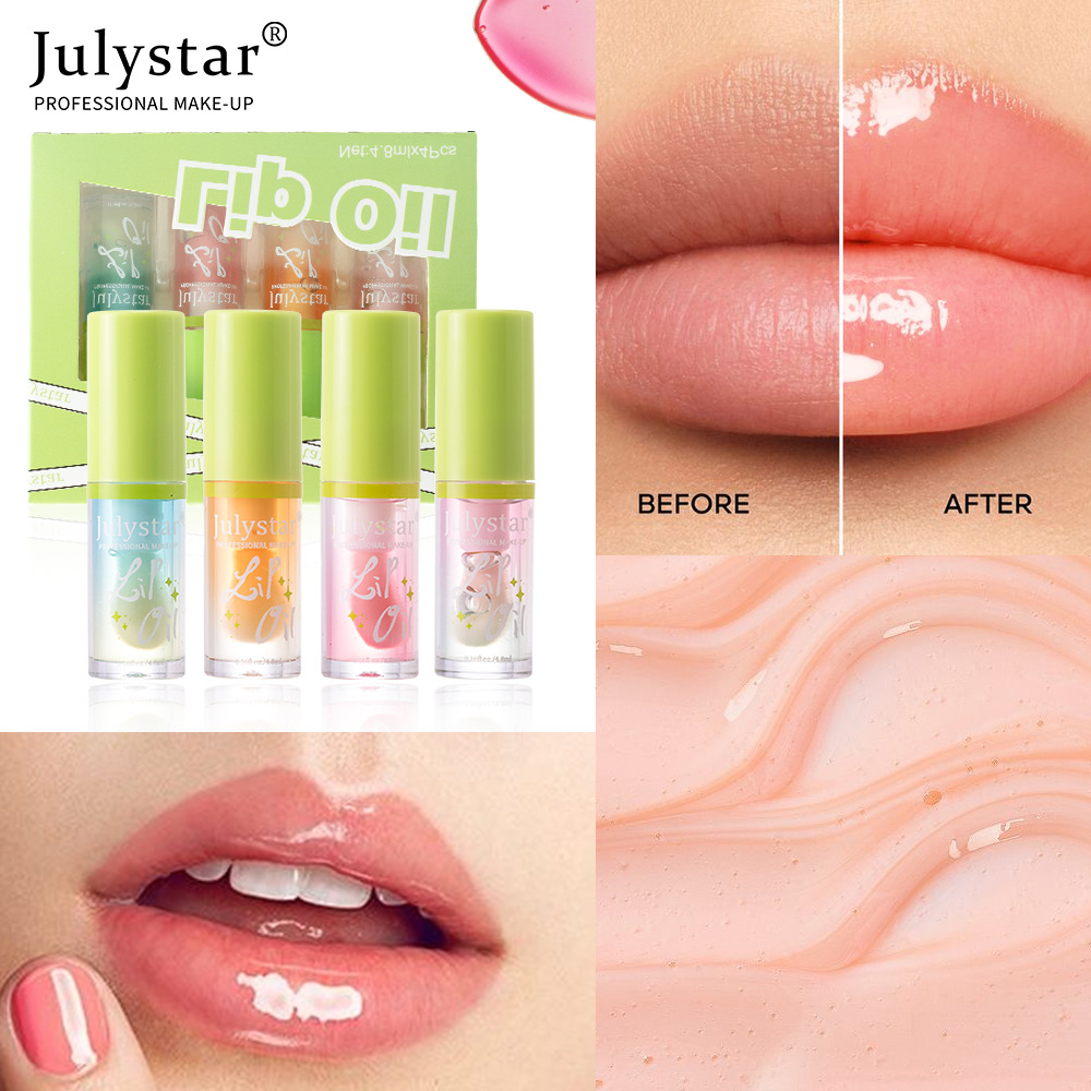 Julystar Hydrating Head Brush Lip Gloss Mirror Moisturizing Hami Melon Lip Oil 4-bottle Set Wholesale Makeup undefined