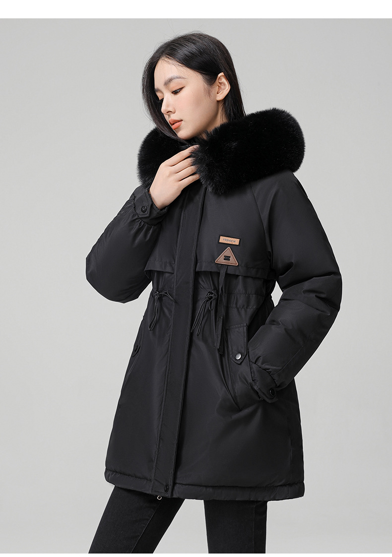 2024 foreign trade overcomes women's winter new Korean version waist cinching slimming hooded big fur collar cotton_voghion.com