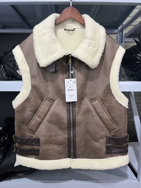 ZR女装欧米風2025春の新商品ブームファッション毛皮一体パイルをつかんで袖なし馬甲をつなぎ合わせる|undefined