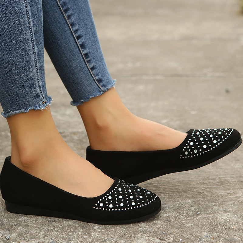 Cross-Border Flats for Women 2025 Spring & Fall New Style Simple Rhinestone Round Toe Shallow Mouth Flats Bottom Comfortable Granny Shoes 35-43