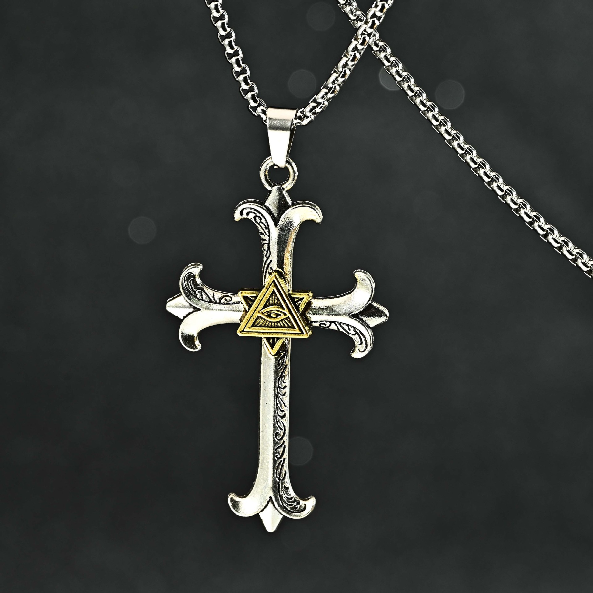 Cross-border Hip-hop Eye of God Men's Cross Pendant Thai Silver Distressed Niche Necklace Pendant Hip-hop Style