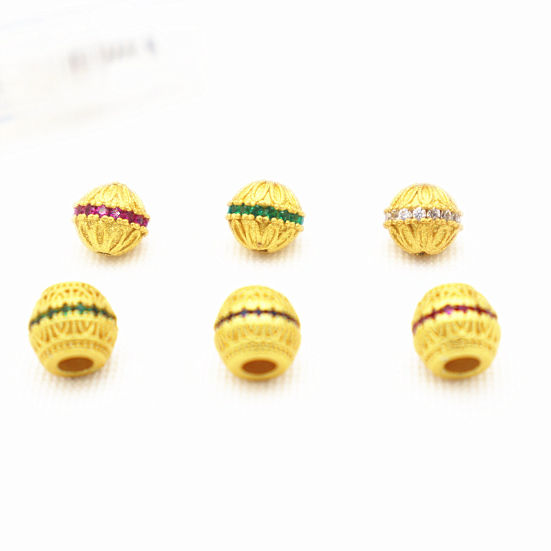 高保色古法喷砂金扁珠镶嵌锆石通孔珠8MM隔珠散珠diy手链项链配件