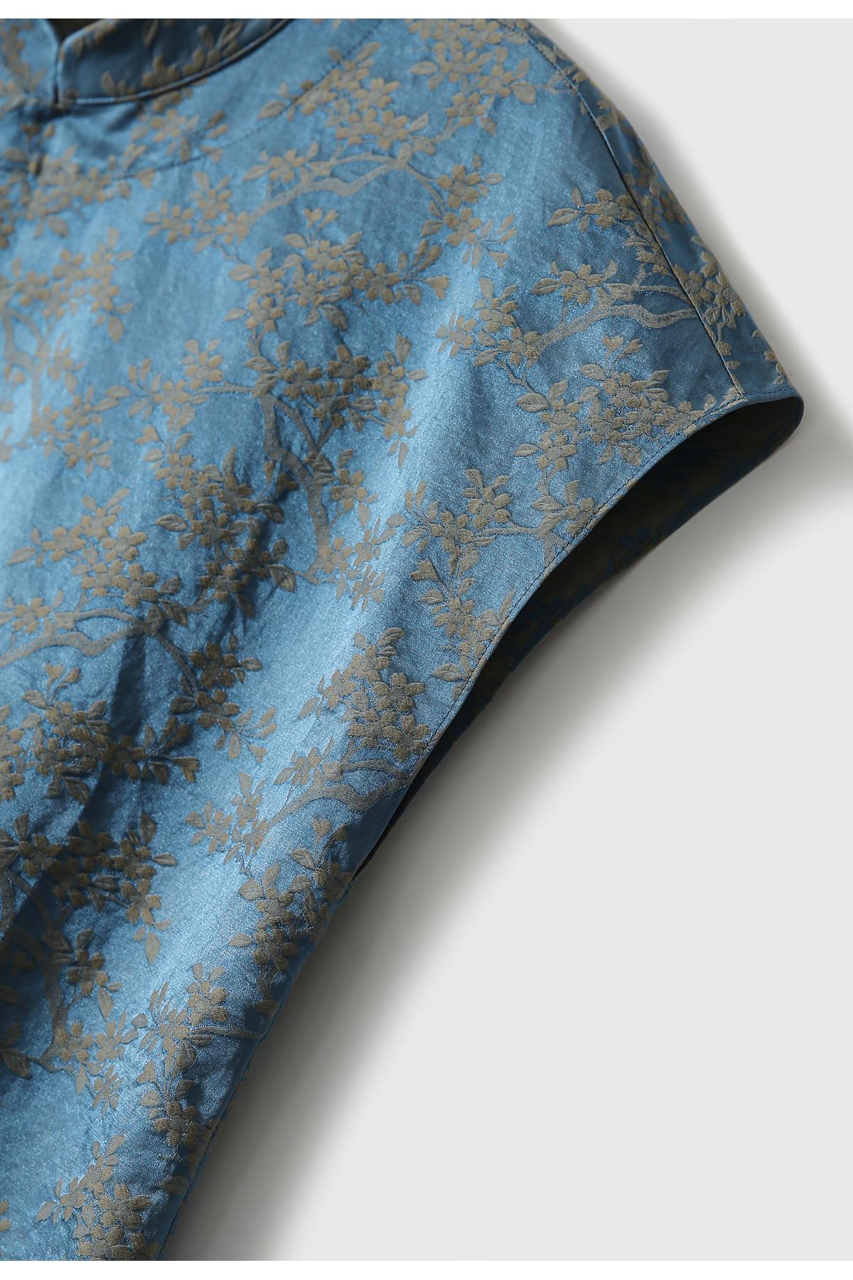 Áo kiểu nữ hè phong cách Trung Hoa, chất liệu jacquard hoa văn nổi, tay ngắn — màu xanh chi tiết 6