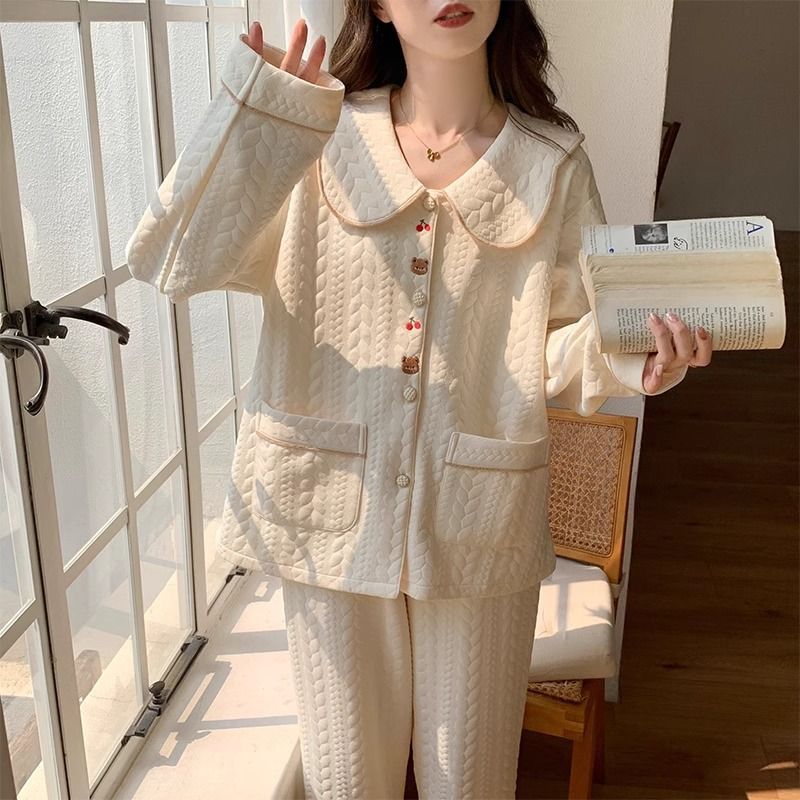 Pijamas de mujeres otoño invierno 2024 nuevo aire caliente invierno de algodón intercalado grueso manga larga se puede usar fuera conjunto de ropa de hogar