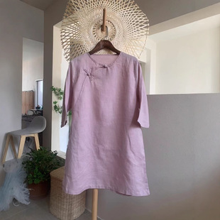 3166-3 Linen Women's Robe Mid-Length Zen Tea Suit with Buttons Retro Literary Style