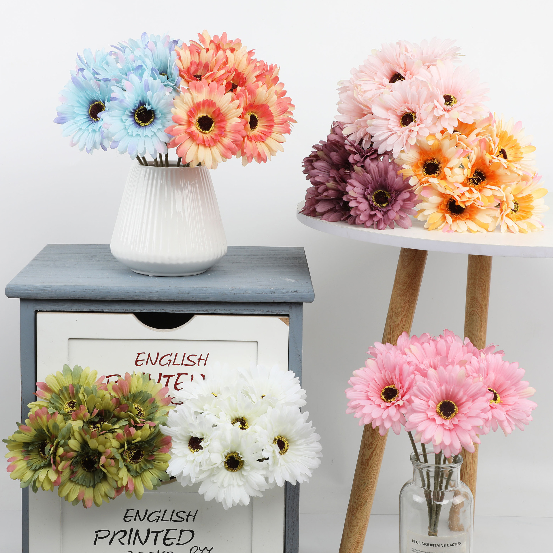 Flores de simulación de bodas de mano gerbera imitación europea eterna flor romántica nórdica flores de decoración del hogar hotel