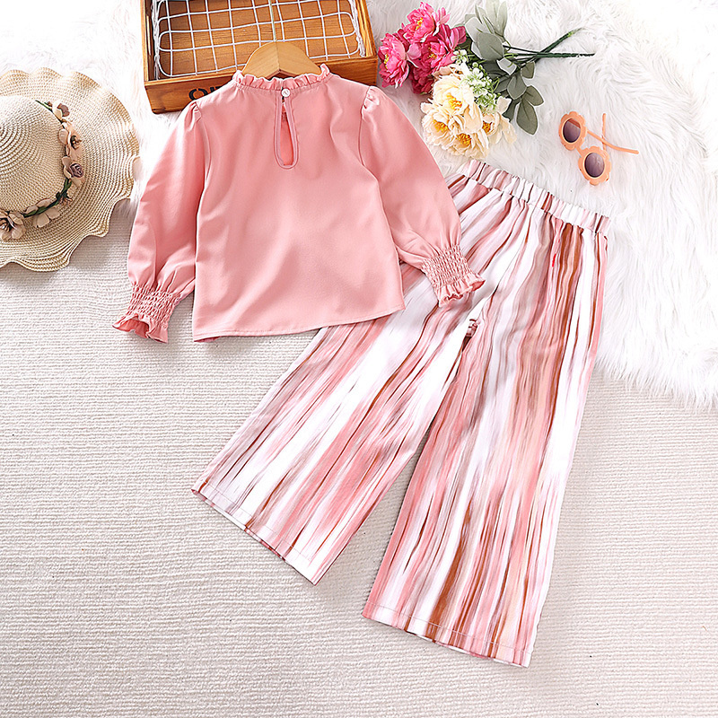 Roupas infantis 2024 primavera novo estilo ocidental renda manga comprida top listrado calças versão coreana conjunto de menina_voghion.com