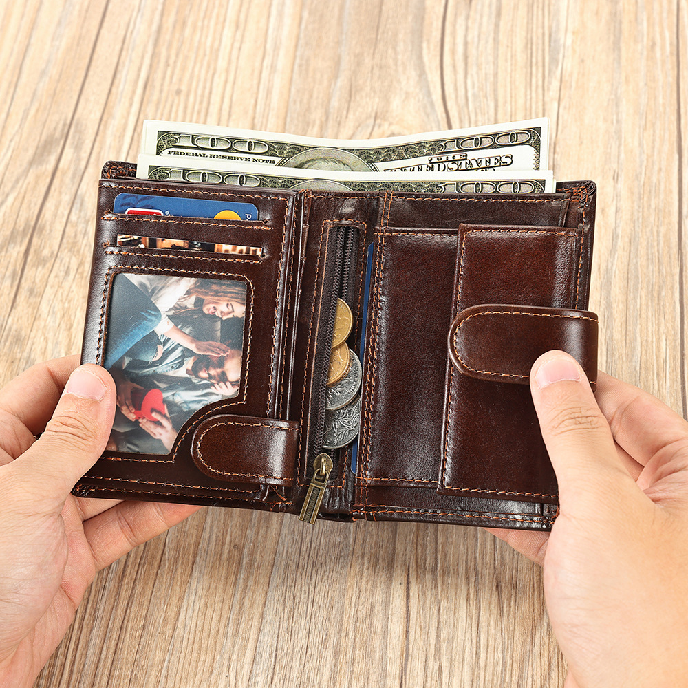 Ví nam da bò gập ba chống trộm RFID nhiều ngăn thẻ — Màu đen, Màu đen vân phẳng, Màu cà phê, Cà phê dầu