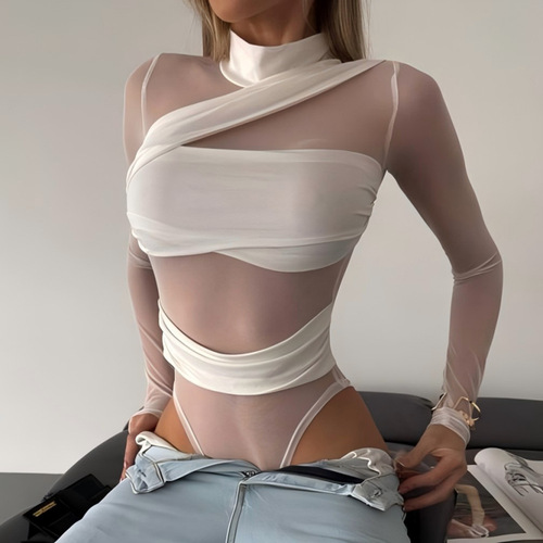 D521BS European and American cross-border hot girl sexy perspective mesh figure-fitting solid color bandage-style design jumpsuit