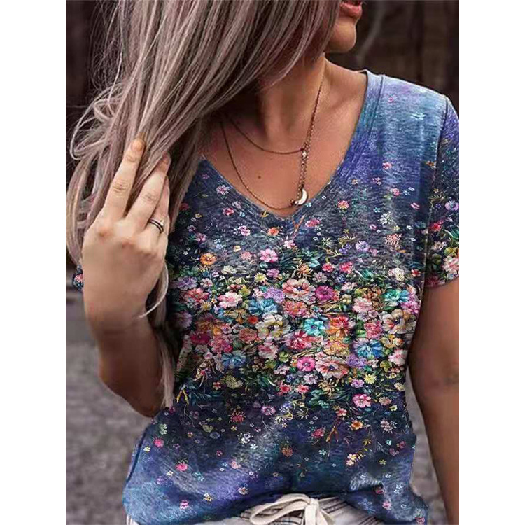 T-shirt Tops Type Daily Occasion Wholesale Women'S Casual Map Star Flower Short Sleeve Printing T-Shirts