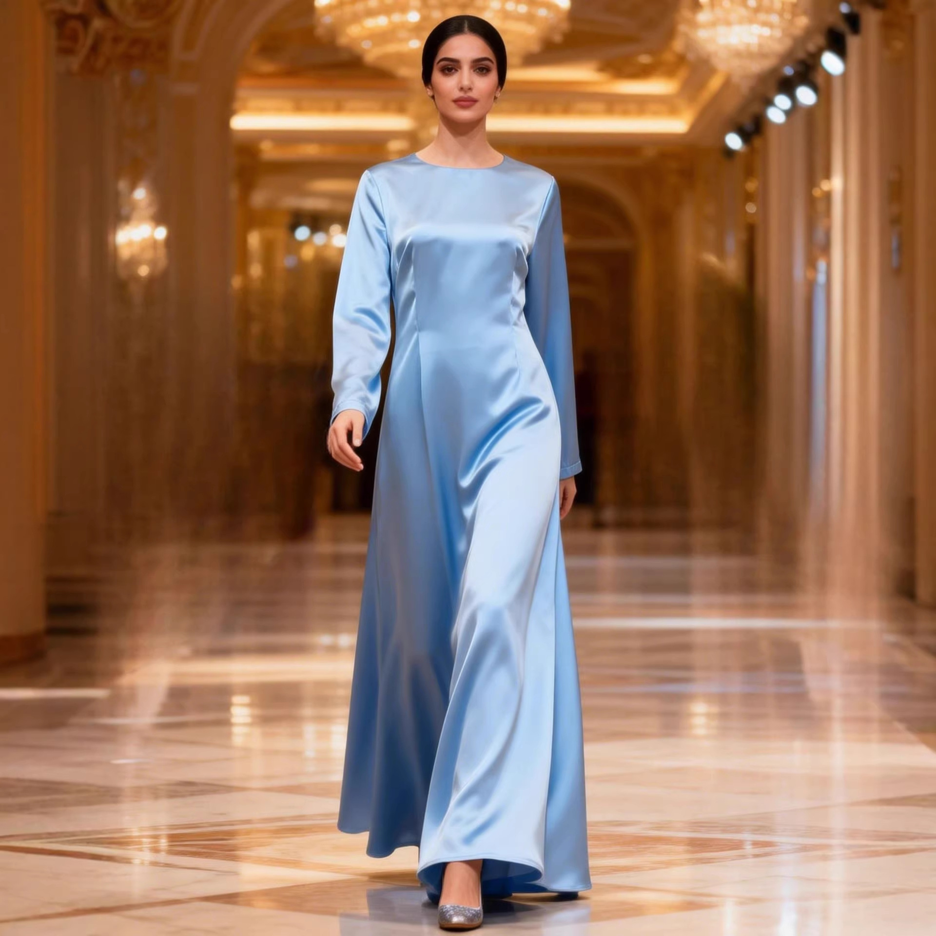 In-stock High-end Light Blue Diamond-embellished Cape Middle Eastern Dress Muslim Luxury Banquet Gown Arabian Robe_ecoleips.com