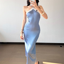 欧美女装2025秋季新款性感一字领蕾丝花边高腰修身包臀连衣裙长裙